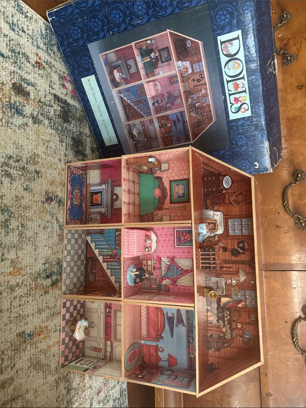 Wooden Dollhouse Playset - Pink and Brown Vintage Style by